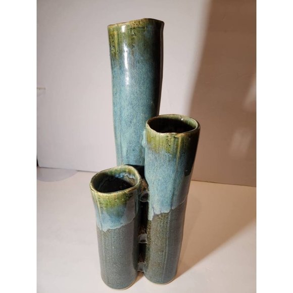 Tall Tri-Cylinder Heavily Glazed Green Blues Vases Adjoined Together Twi-ware Si - Picture 1 of 8